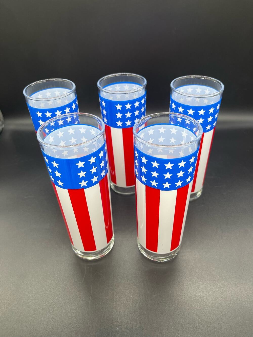 Vintage US American Flag Red White & Blue Set of 5 Glass Tumblers Glasses 6.75"